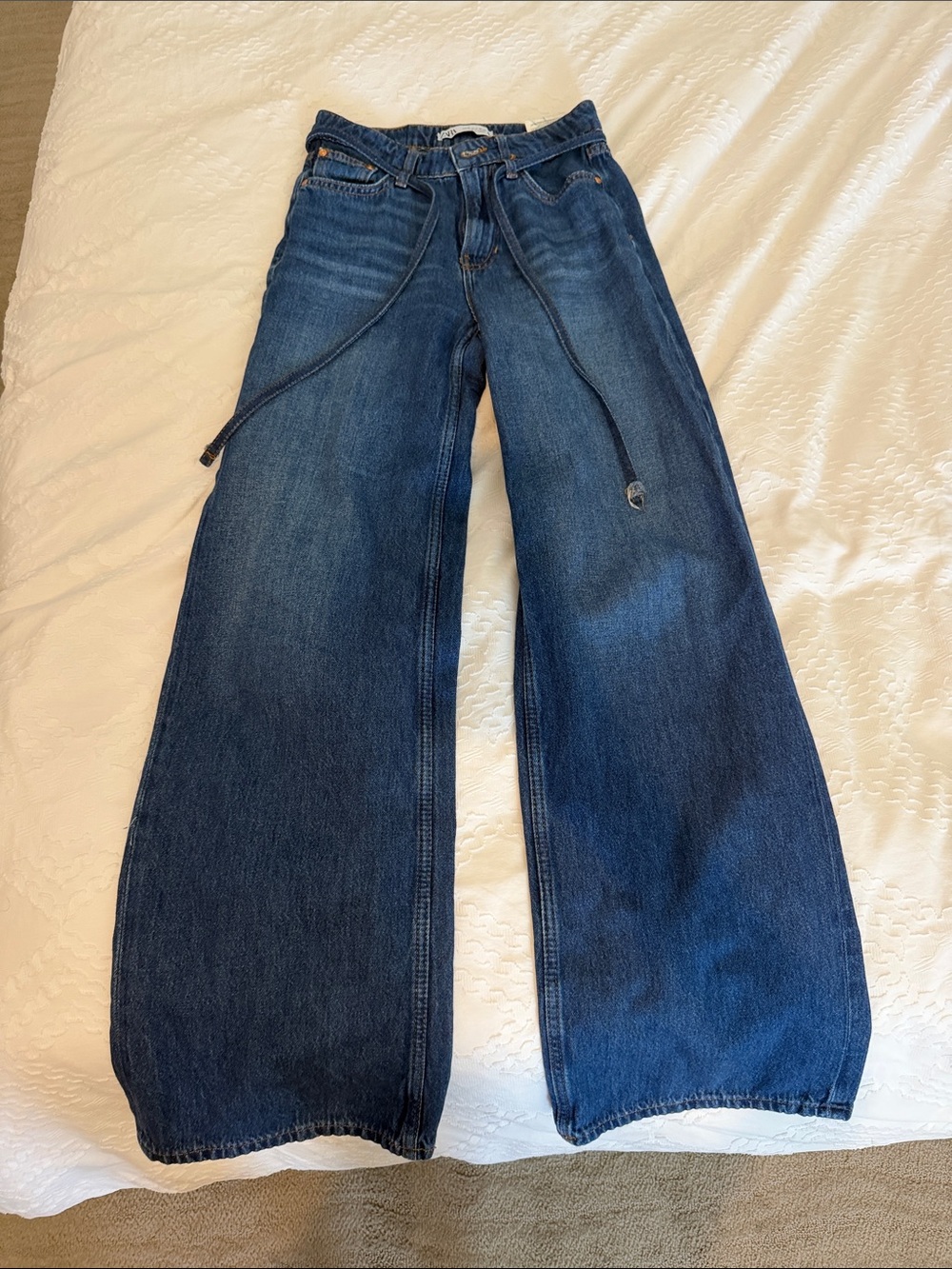 Zara Dark Blue Wide-Leg Tie-Waist Jeans